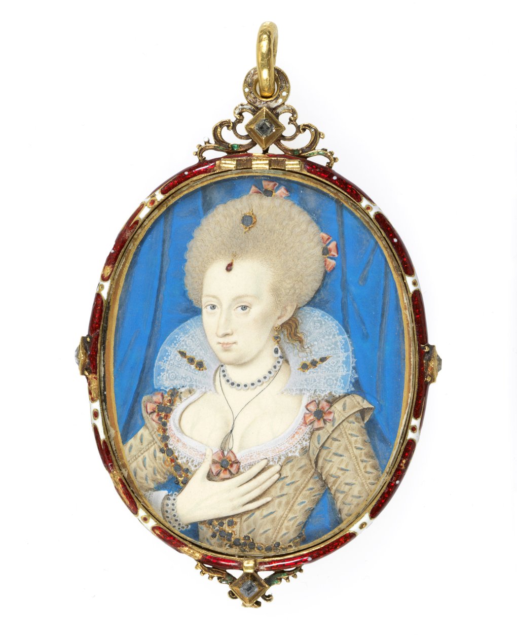č. 3855 Anna Dánská (1574-1619) manželka anglického krále Jakuba I., kolem roku 1610 (pergamen na hrací kartě) (případ viz 109671) od Nicholas Hilliard