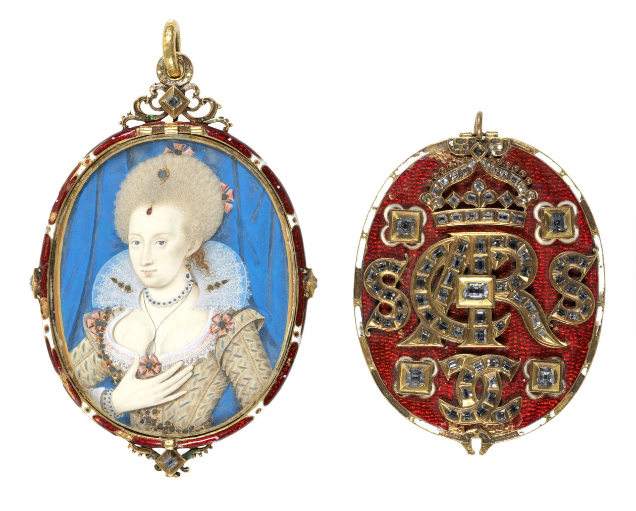 Portrétní miniatura dánské královny Anny (1574-1619) s přebalem z drahokamů, kolem 1611 (wc na pergamenu, smaltovaný zlatý rám osazený stolními diamanty) (viz také 69710) od Nicholas Hilliard