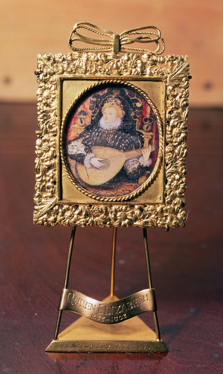 Královna Alžběta I. hrající na loutnu (miniatura včetně mosazného stojanu) (viz také 75751) od Nicholas Hilliard