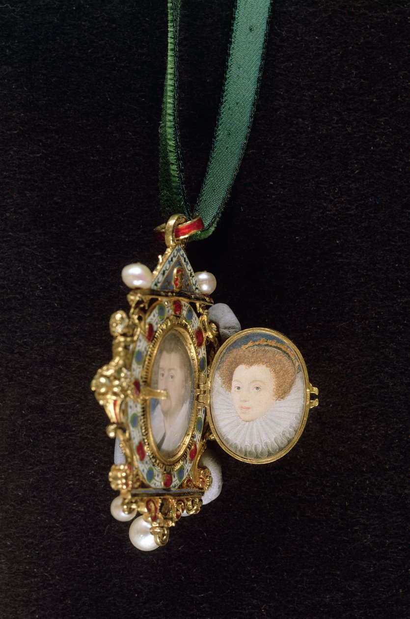Gresley Jewel s miniaturními portréty sira Thomase Gresleyho a jeho nevěsty Catherine Walsingham (viz také 14568) (kombinovaná média) od Nicholas Hilliard