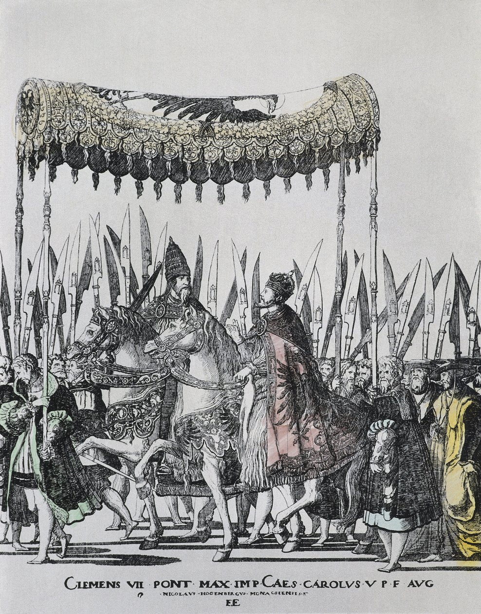 HOGENBERG, Nicolas (1500-1539). Korunovace Karla V. v Bologni. KARLES V. (1500-1558). císař Svaté říše římské (1519-1556) a španělský král (1516-1556), jako Karel I.; Klement VII (1478-1534). Papež mezi 1523 a 1534. Rytina od Nicholas Hogenberg