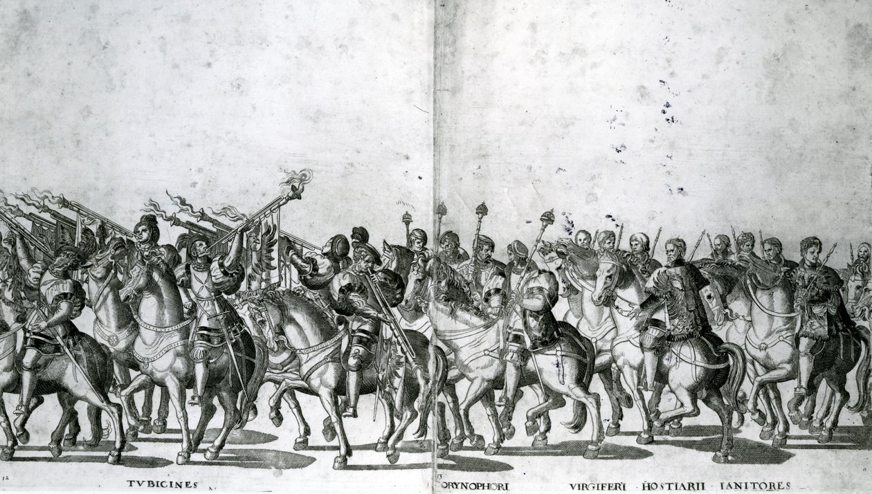 Deska 12 a 13 o vjezdu papeže Klementa VII. a císaře Karla V. do Boloně dne 24. února 1530, vydáno kolem roku 1530 od Nicholas Hogenberg