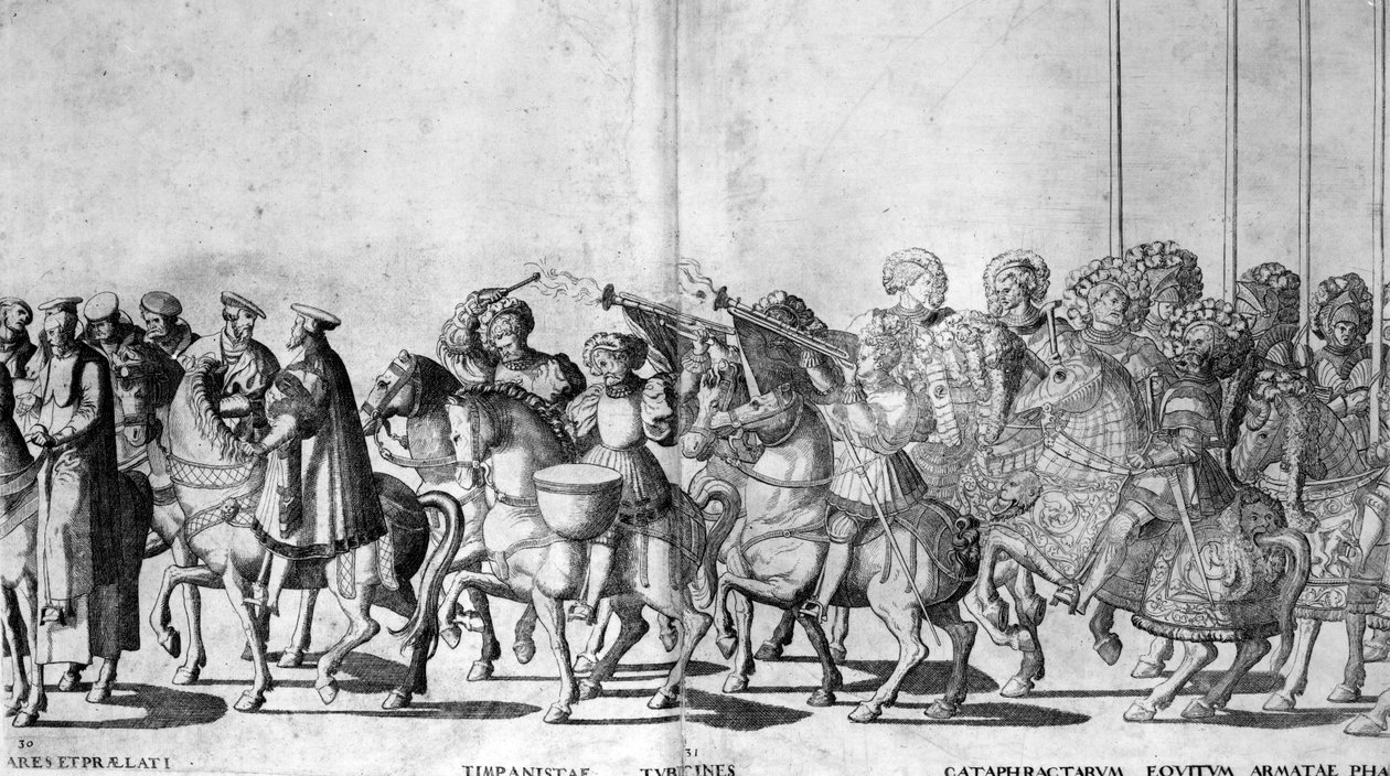 Deska 30 a 31 o vstupu papeže Klementa VII. a císaře Karla V. do Boloně dne 24. února 1530, vydáno kolem roku 1530 od Nicholas Hogenberg