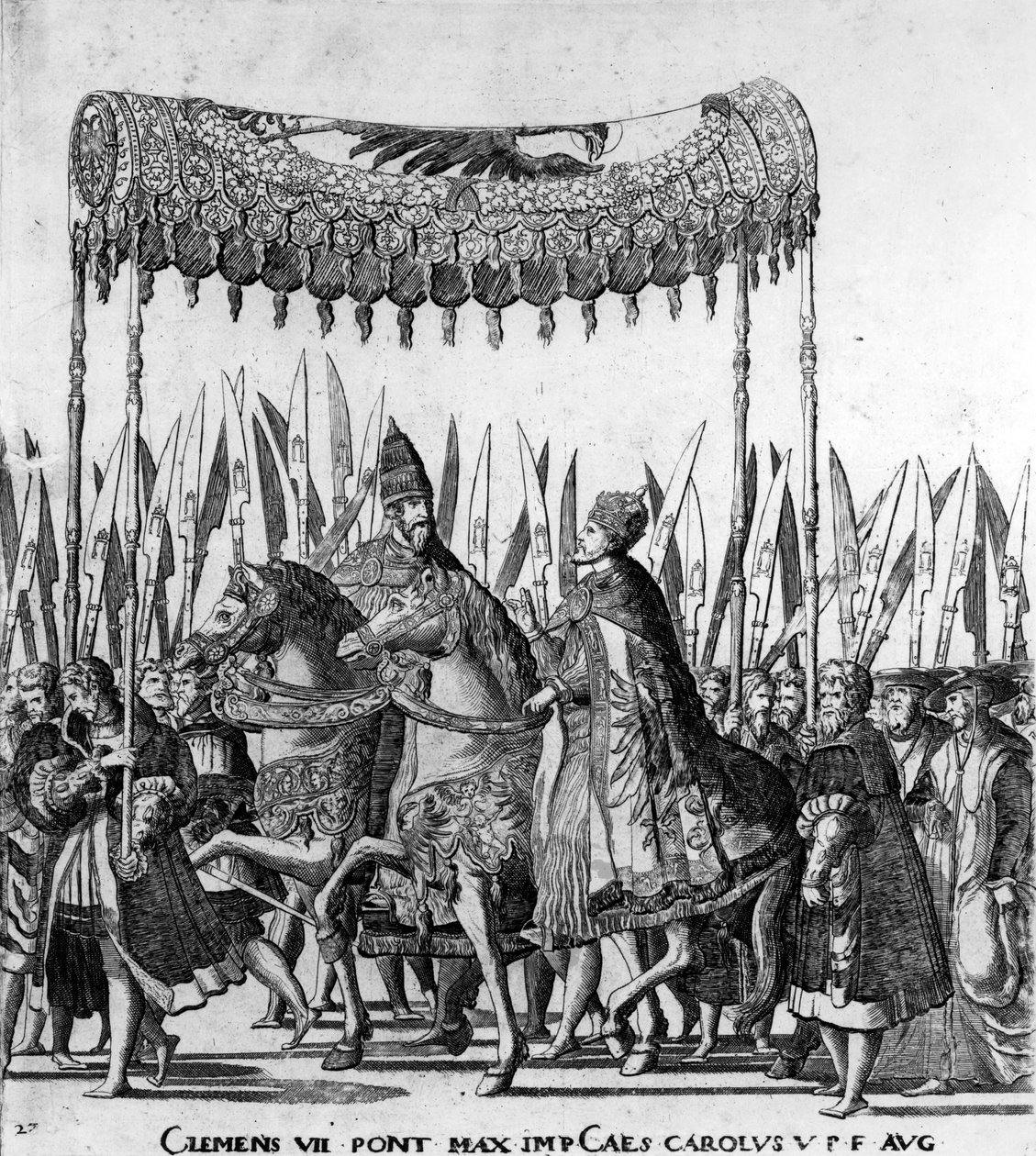 Vstup papeže Klementa VII. a císaře Karla V. do Boloně dne 24. února 1530, deska 27, kolem roku 1530 (detail 472273) od Nicholas Hogenberg