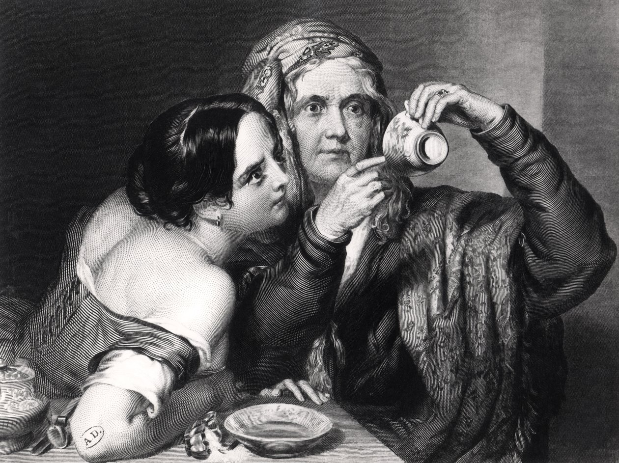 Předpovídání budoucnosti ze čtení kávové sedliny, vyrylo Charles William Sharpe (1818-99) od Nicholas Joseph Crowley