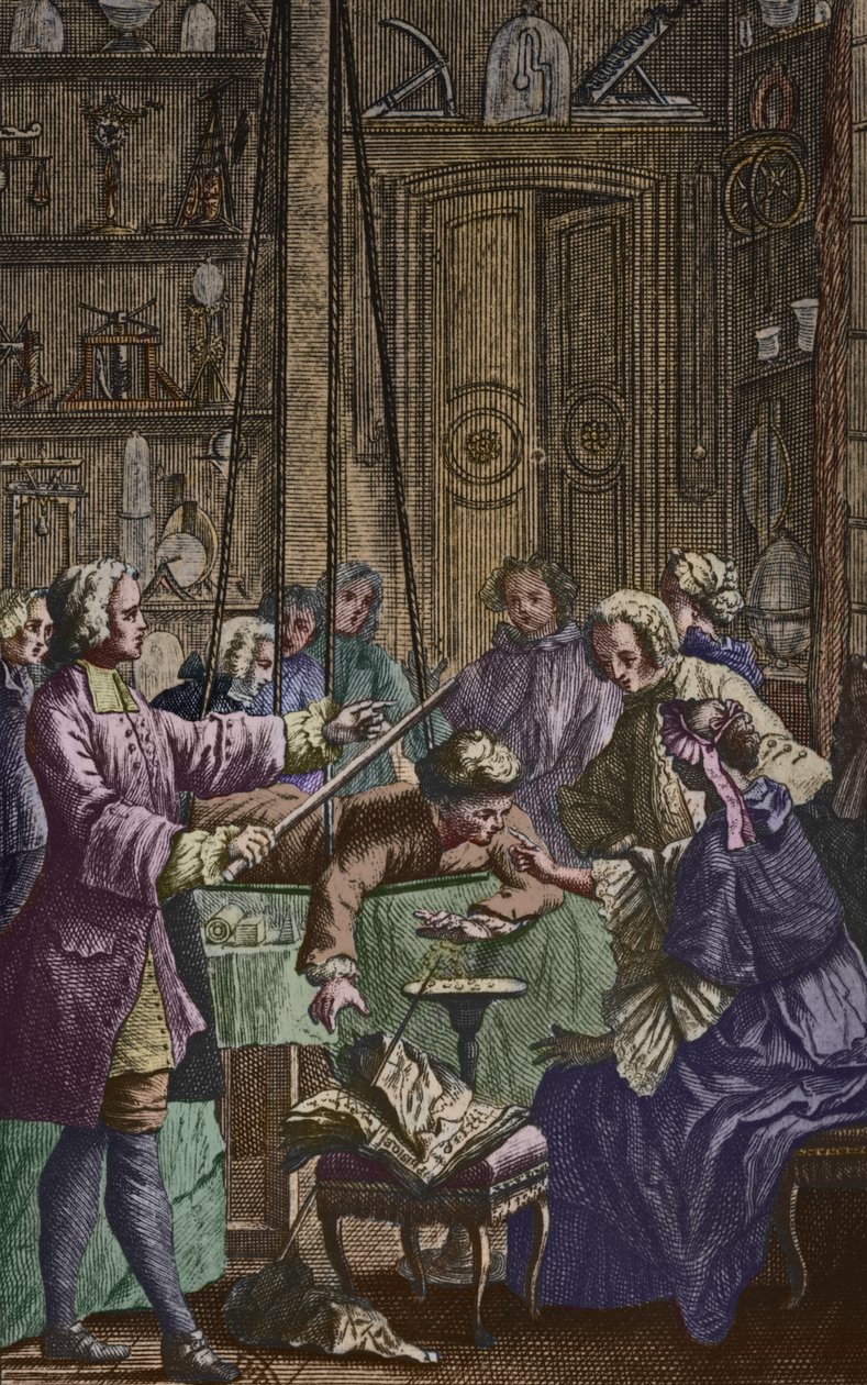 Elektrický experiment, který na člověku provedl abbé Jean Antoine Nollet (1700-70) ve fyzikálním kabinetu, přední ilustrace z Essai sur lelectricite des corps od Nolleta, vydáno 1746, vyryl od Nicholas Lesueur