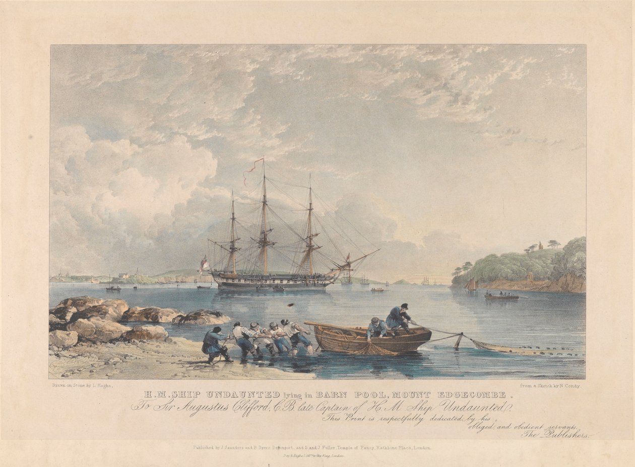 Litografie lodi HMS "Undaunted" (1807) ležící v bazénu Barn Pool, Mount Edgecombe, asi 1797-1811 (litografie, kolorovaná) od Nicholas Matthews (after) Condy