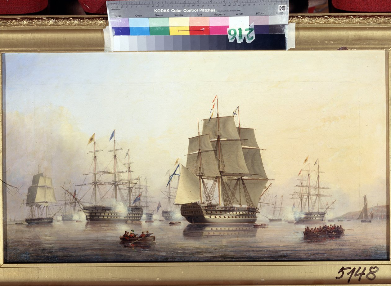 Císař Nicholas I (1796-1855) na návštěvě Anglie (Císař Nicholas I Visiting England). Lodě střílejí z děl, aby přivítaly a oslavily ruského cara. Obraz Nicholas Matthew Condy (1816-1851), olej na plátně od Nicholas Matthews Condy