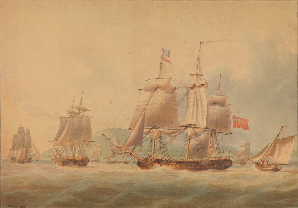Odplouvající konvoj doprovázený fregatou [pravděpodobně "Triton" (1796)]. od Nicholas Pocock