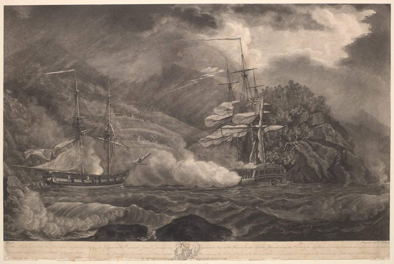 Loď Jeho Veličenstva "Mořská panna" 10. října 1795, Requin.... Grenada, najela na mělčinu v honbě za francouzskou korvetou "Brutus", aby zabránila vylodění munice. od Nicholas Pocock