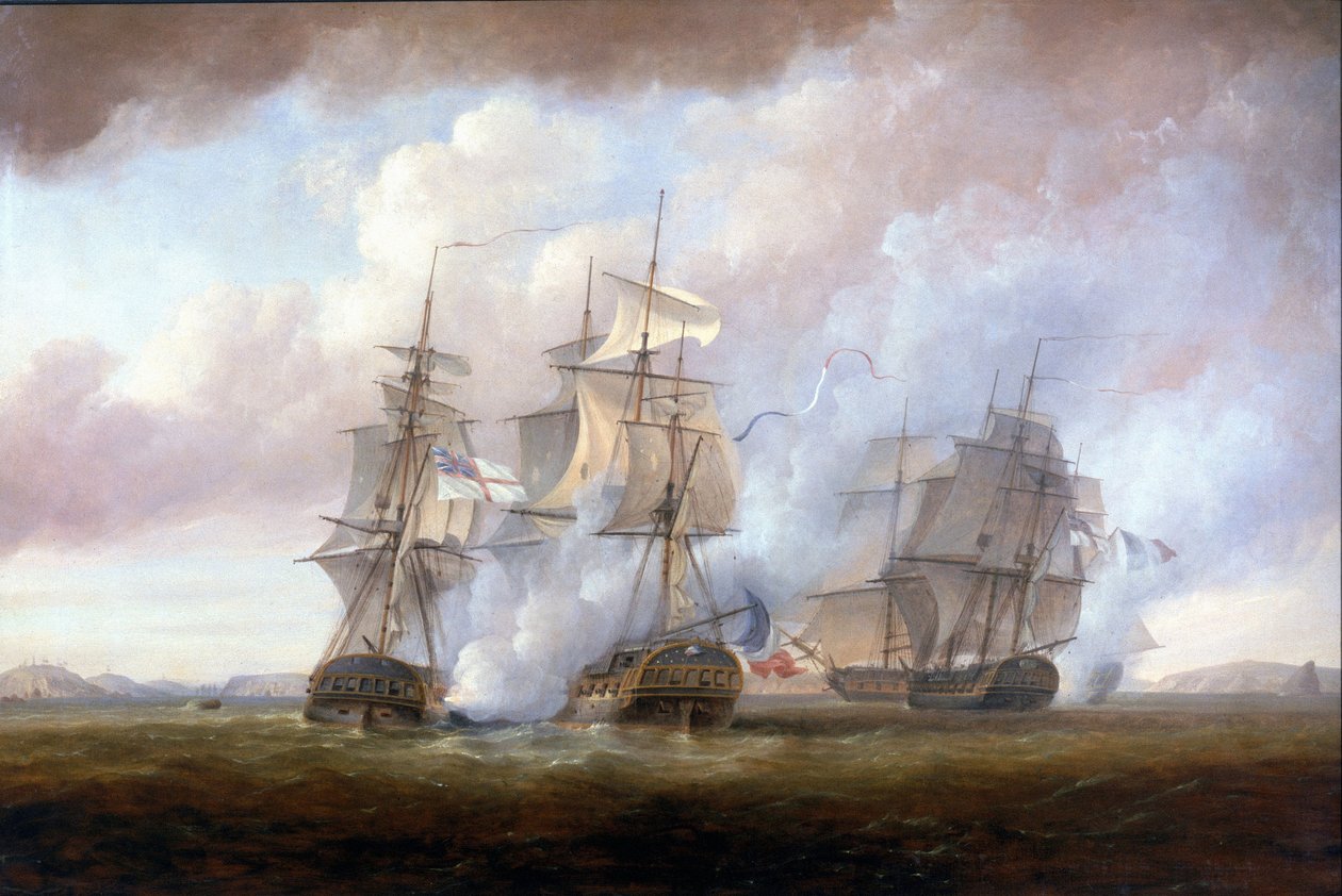 Zajetí francouzských fregat "Resistance" a "Constance" loděmi HMS "San Fiorenzo" a "Nymphe" 9. března. od Nicholas Pocock