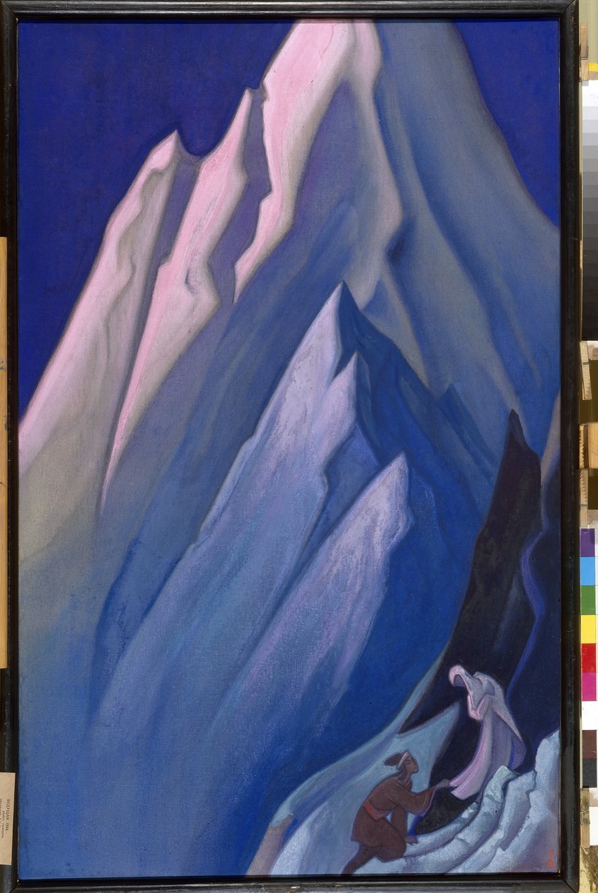 Ona, která vede. V himalájských horách se klečící muž dotýká spodní části ženského roucha, buddhistické spirituality. Dílo Nicholase Roericha (1874-1947), tempera na plátně od Nicholas Roerich