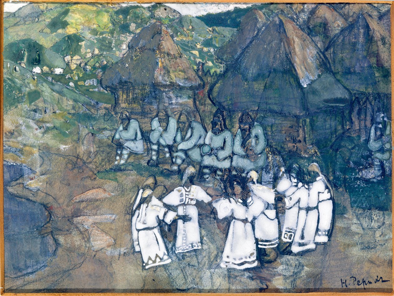 Kruhový tanec (kulatý). Dílo Nicolase (Nicholase) Roericha (1874-1947), akvarel a kvaš na papíře, kolem 1900-1910. Ruské umění, 20. století, symbolika; Státní muzeum umění M. Nesterova republiky Baškortostán, Ufa (Rusko). od Nicholas Roerich