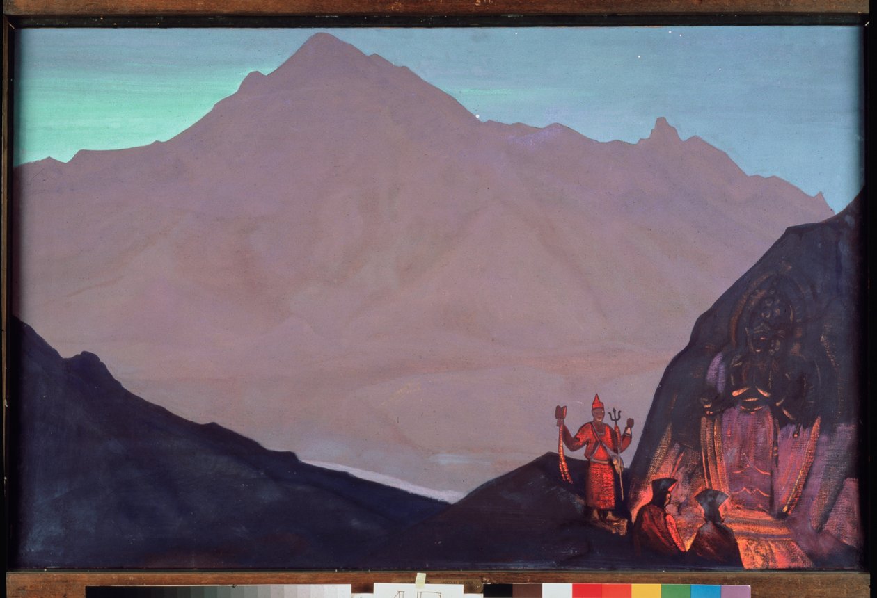 Chenrezig (Bodhidattva soucitu zasvěcený dalajlámovi nebo Avalokiteshvarovi). Západní Tibet v Himalájích. (Budhističtí mniši vzdávají hold jeho vyobrazení vyrytému na stěně himálajské hory). Obraz Nicolase (Nicholase) Roeriho od Nicholas Roerich