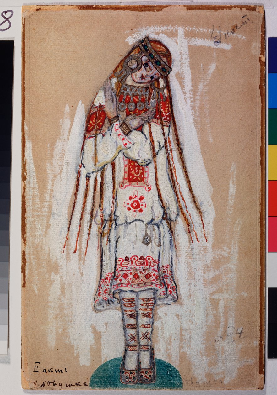 Kostým pro ženskou postavu z baletu "Svěcení jara" od Igora Stravinského (1882-1971). Dílo Nicolase (Nicholase) Roericha (1874-1947), kvaš na kartonu od Nicholas Roerich