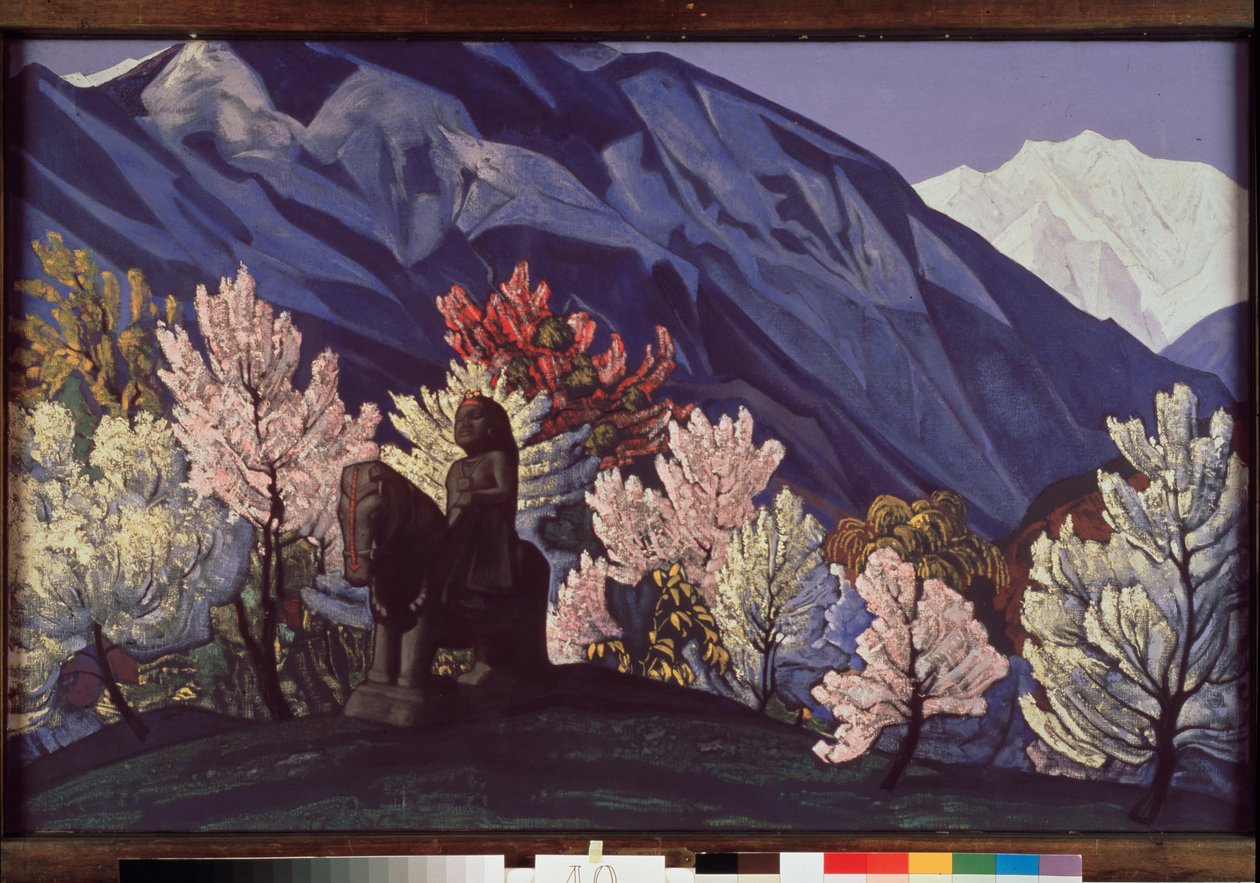 Guga Chohan. Údolí Kulu (Indie). (Jezdecká socha mezi kvetoucími stromy Himálaje). Obraz Nicolase (Nicholase) Roericha (1874-1947), tempera na plátně od Nicholas Roerich