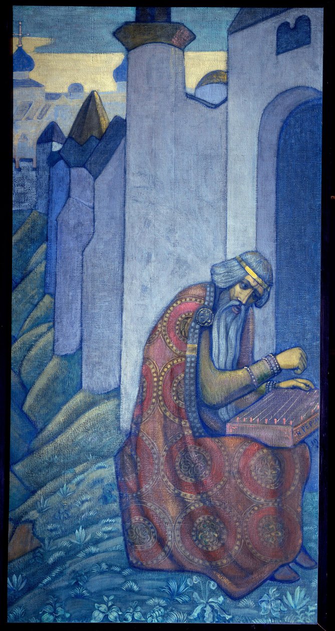 Ruský bard Boyan hrající na gousli (gusli, housli, husli) v 11. století. Obraz Nicolase (Nicholas) Roericha (1874-1947), tempera na plátně od Nicholas Roerich