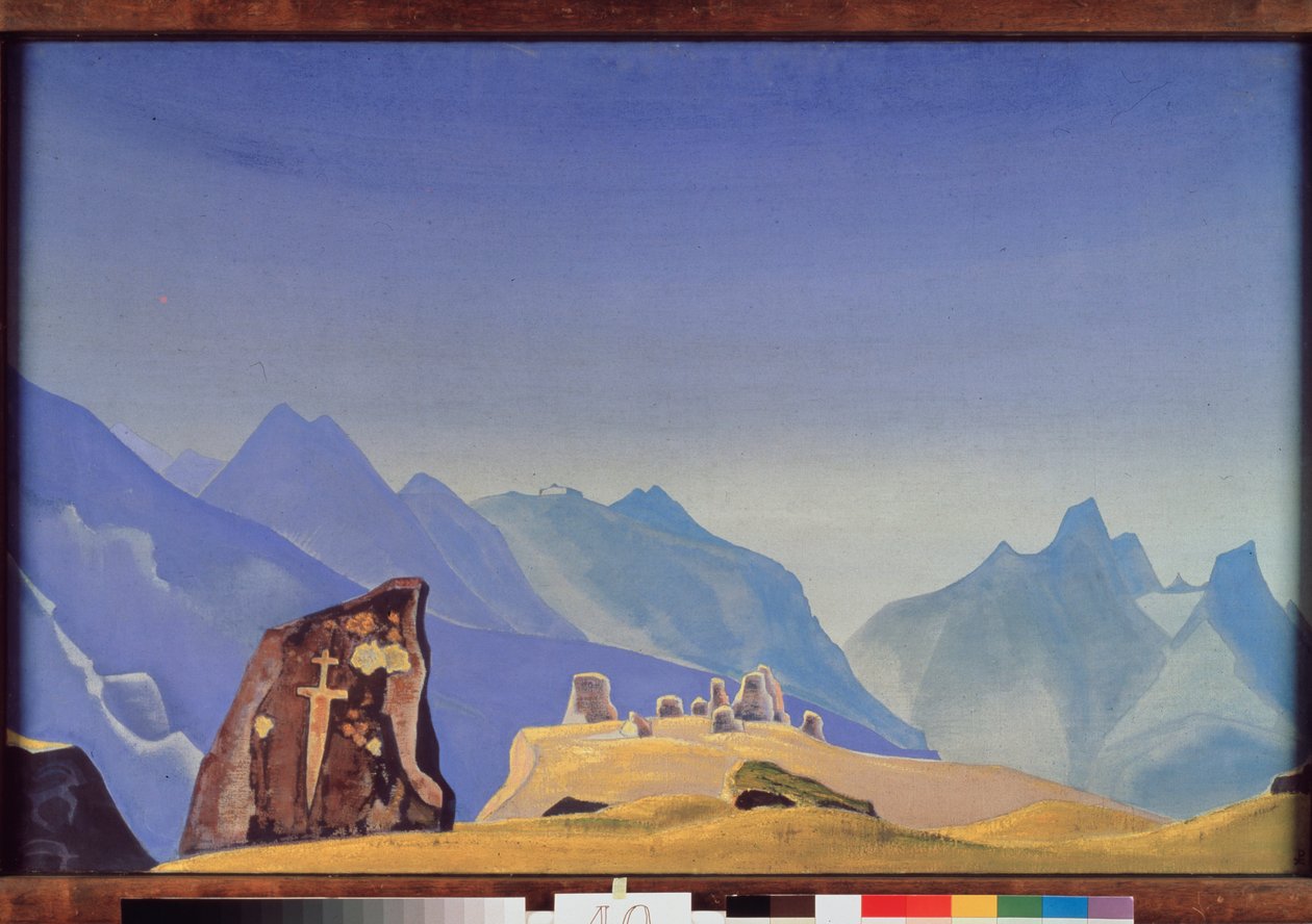 Meč Gesar Khan (neboli král Gesar z Lingu, mongolský a tibetský hrdina). (Skalní hrob na vrcholu řetězu Himálaje). Dílo Nicolase (Nicholase) Roericha (1874-1947) tempera na plátně od Nicholas Roerich