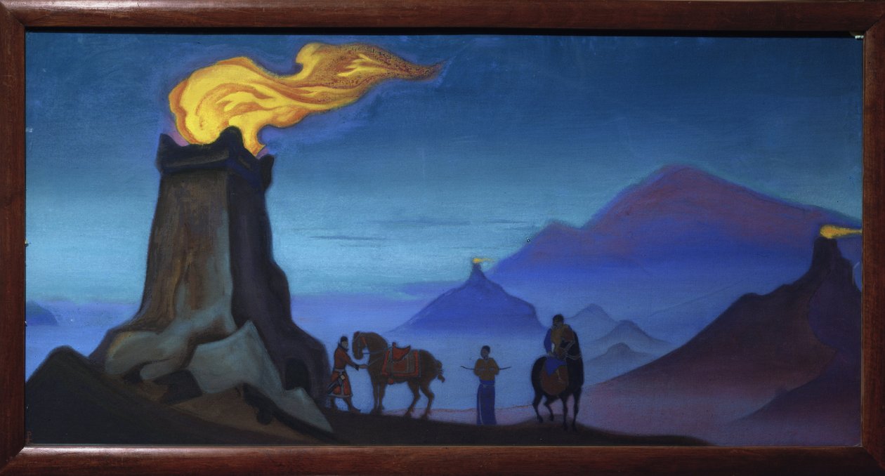 Plameny vítězství. (Siluety jezdců v himálajských horách, večer). Dílo Nicholase Roericha (1874-1947), tempera na plátně od Nicholas Roerich