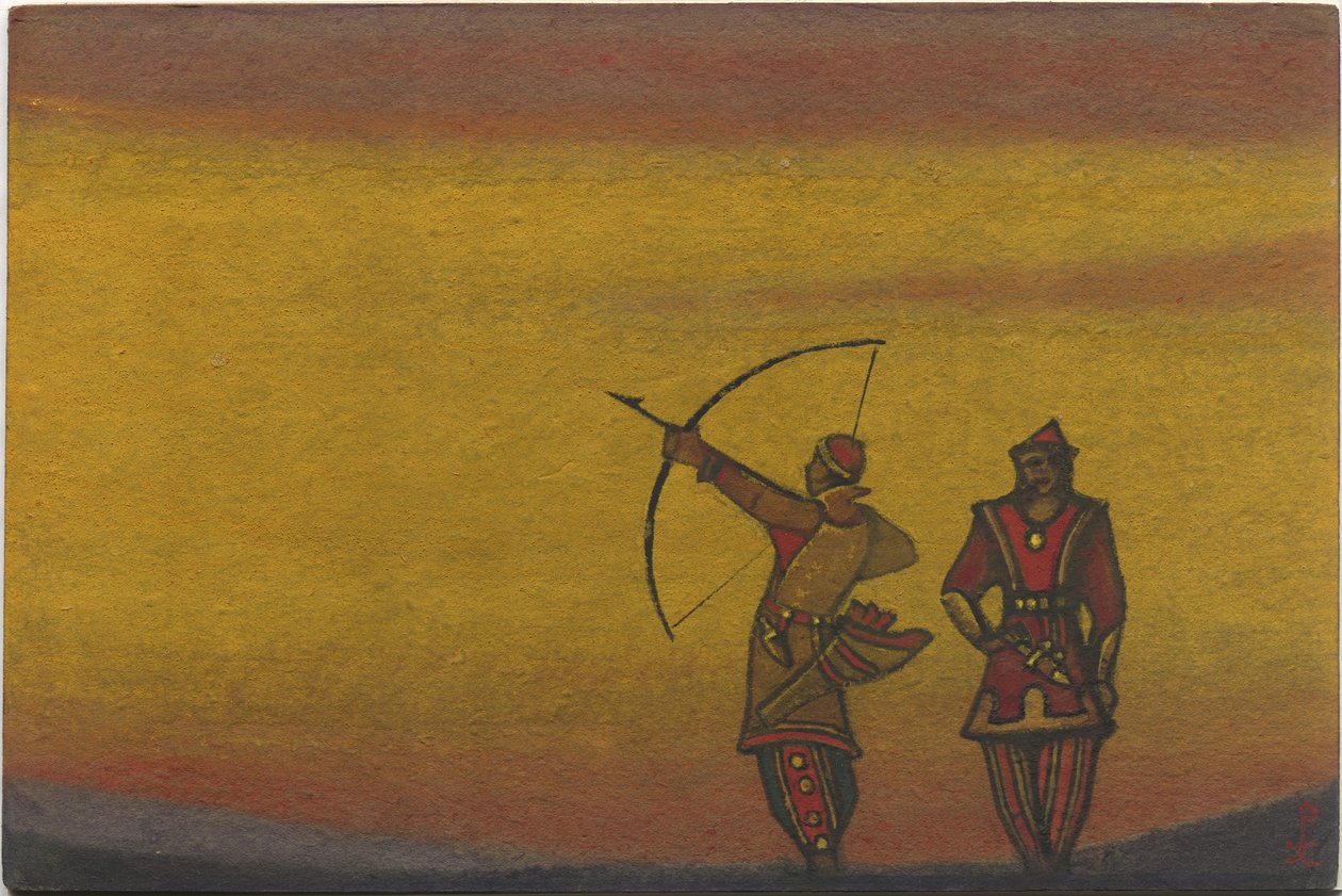 Polovci, jeden s mašlí, kostýmní návrh pro "Polovské tance" z Borodinovy opery "Princ Igor", 1943 od Nicholas Roerich
