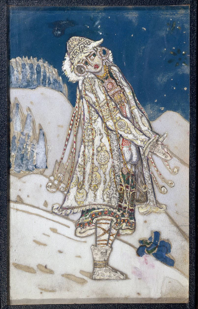 Kostýmní projekt pro hru La demoiselle des neiges Alexandra Ostrovského (1823-1886). (Návrh kostýmů pro divadelní hru Sněhurka od A. Ostrovského). Dílo Nicholase Roericha (1874-1947), tempera na papíře od Nicholas Roerich
