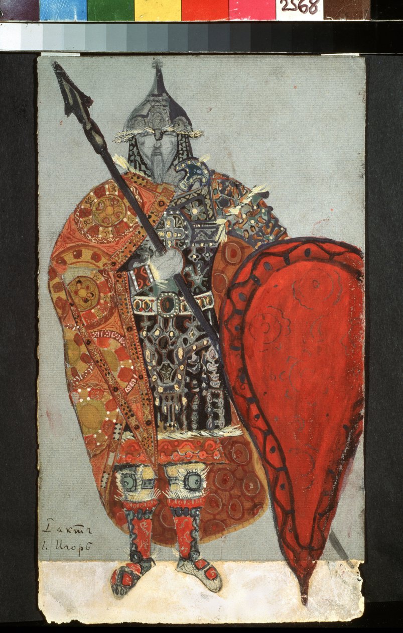 Kostýmní projekt pro operu Kníže Igor Alexandra Borodina (1833-1887). Dílo Nicholase Roericha (1874-1947), tužka, kvaš a zlato na papíře od Nicholas Roerich