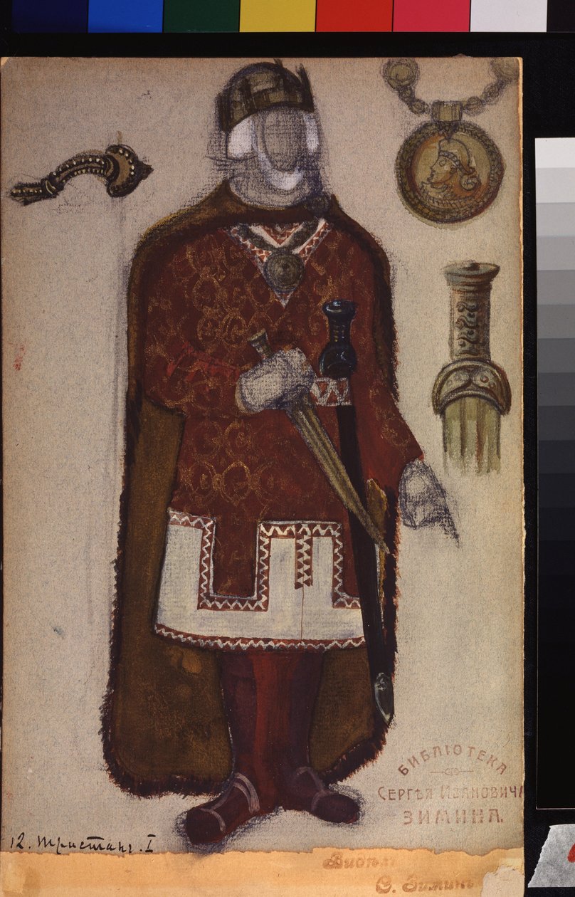 Kostýmní projekt pro operu Tristan a Isolda od Richarda Wagnera (1813-1883). Dílo Nicholase Roericha (1874-1947), tužka, kvaš a inkoust na papíře od Nicholas Roerich