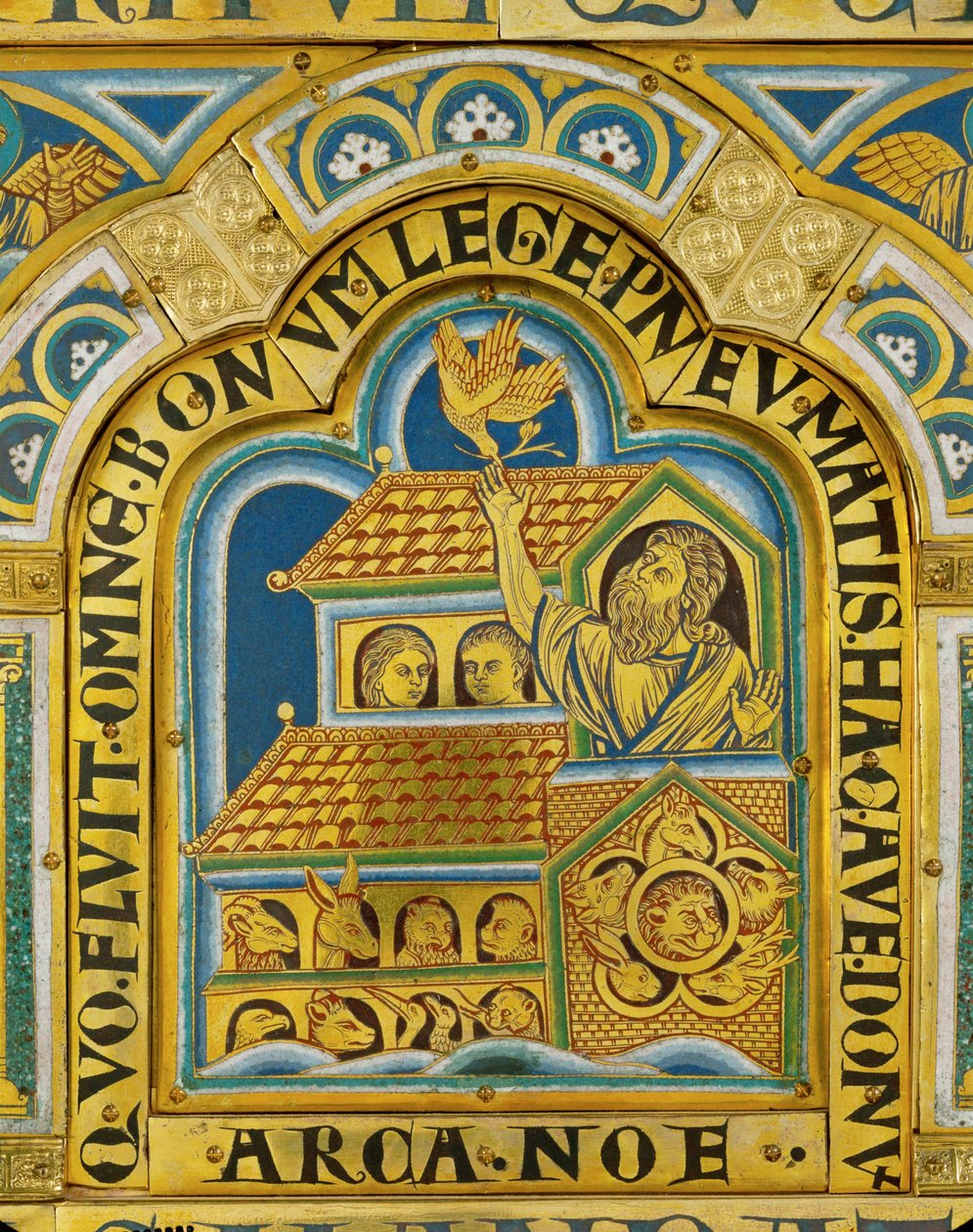 Noemova archa a přílet holubice, Verdunský oltář... (smalt na zlacené mědi) od Nicholas of Verdun