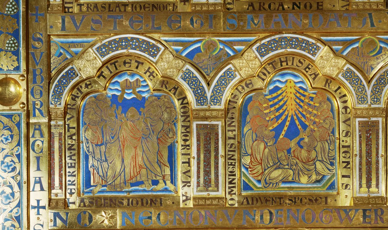 Verdunský oltář. Vlevo: Nanebevstoupení Krista; ... (smaltovaná plaketa technikou champsleve na zlacené mědi) od Nicholas of Verdun