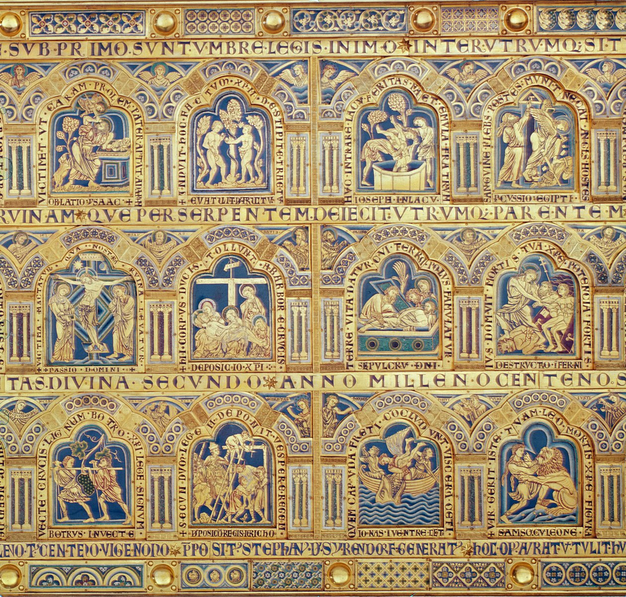 Verdunský oltář, detail dekorativních panelů zobrazujících biblické výjevy, 1181 champleve smalt od Nicholas of Verdun