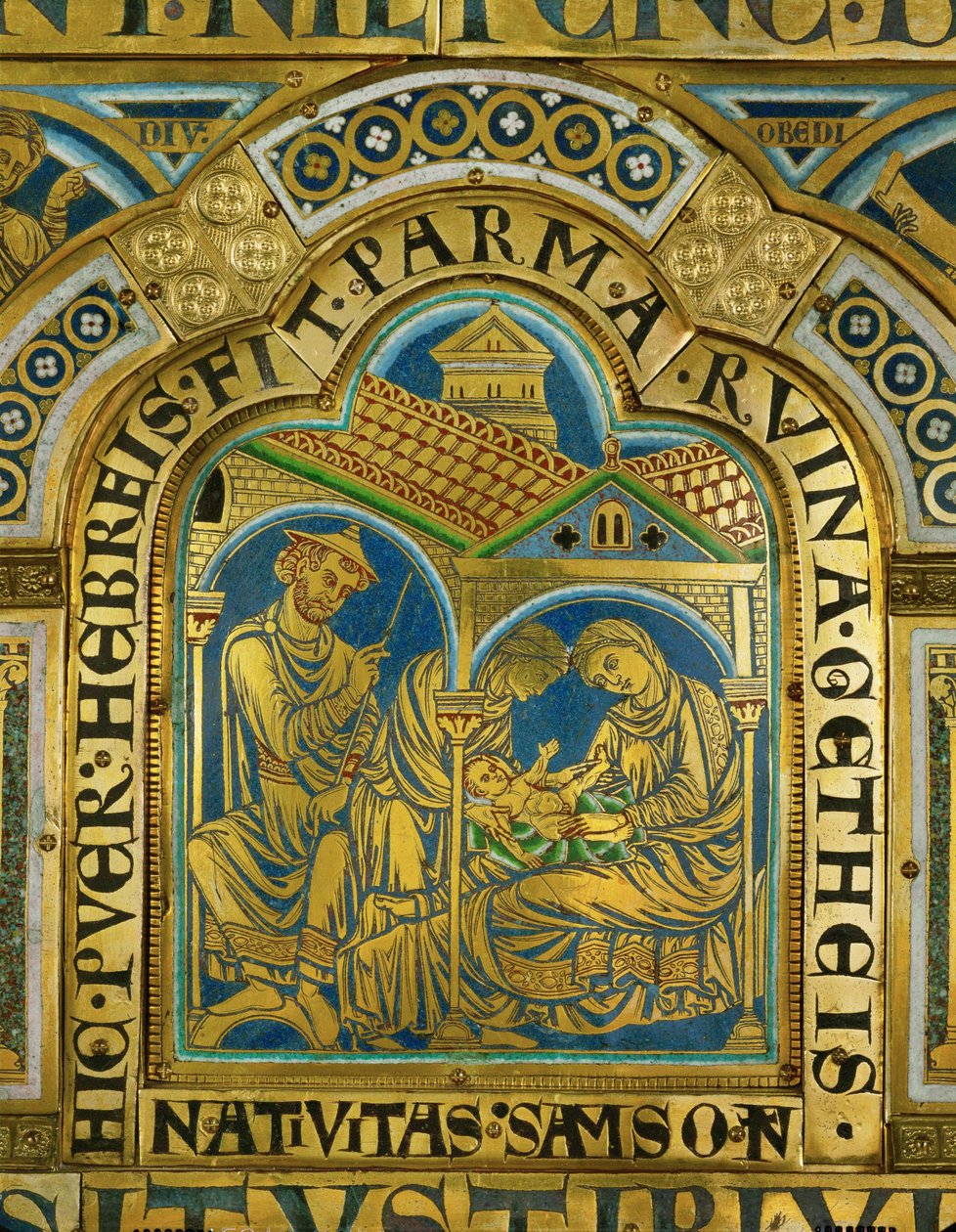 Narození Samsona, Manoach se středověkým židovským kloboukem... (smalt na zlacené mědi) od Nicholas of Verdun