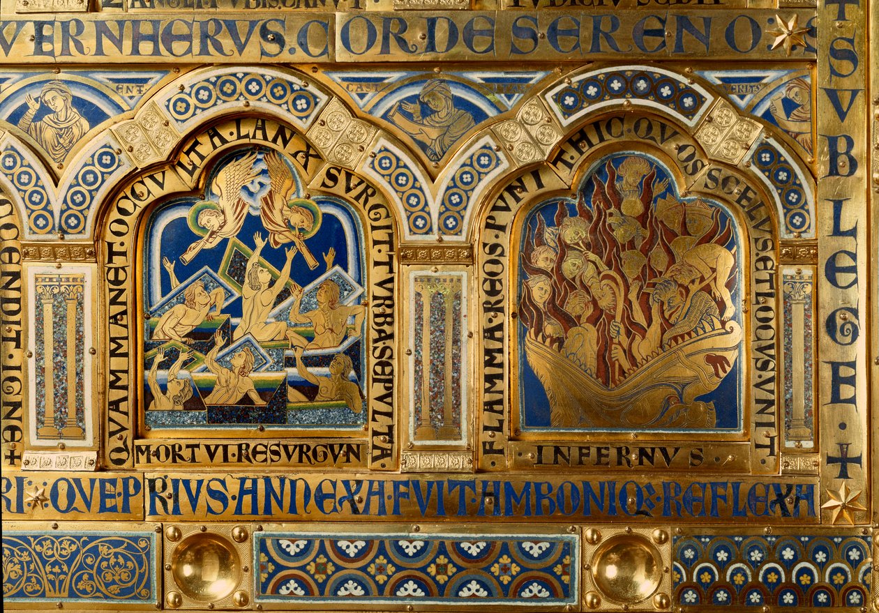 Verdunský oltář vyrobený ve zlatě a emailu od Nicolase de Verdun (cca 1130/50-1205): výjevy ze Starého a Nového zákona: detail zobrazující mrtvé opouštějící hrobku v den posledního soudu a proklaty hořící v plamenech pekla. 12. století Kl od Nicholas of Verdun