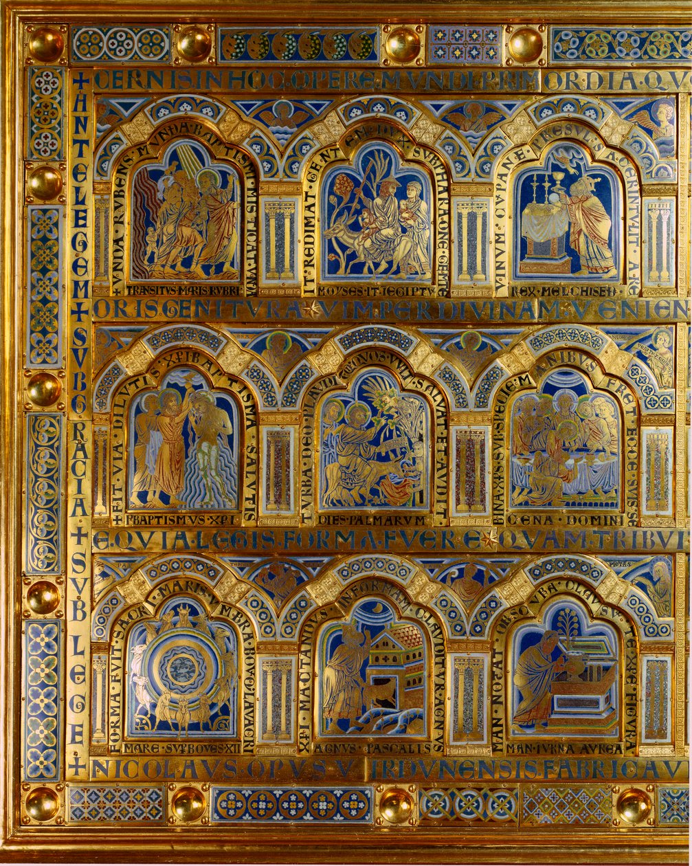 Verdunský oltář vyrobený ve zlatě a smaltu od Nicolase de Verdun (cca 1130/50-1205): scény ze Starého a Nového zákona (přechod přes Rudé moře, král Melchisedech (Melchisedech nebo Melchisedech nebo Melkisedeq nebo Melki-Tsedeq nebo Melki Tsedeq) , křest Kr od Nicholas of Verdun
