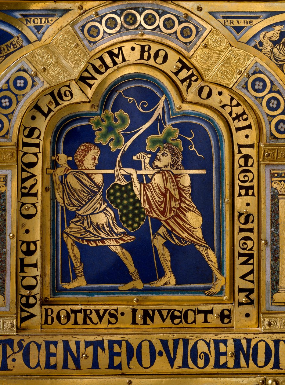 Verdunský oltář vyrobený ve zlatě a smaltu od Nicolase de Verdun (cca 1130/50-1205): výjevy ze Starého a Nového zákona: detail představující návrat Josue a Caleba s obrovským hroznem ze země Kanaán (slíbeno Přistát). Klostern z 12. století od Nicholas of Verdun