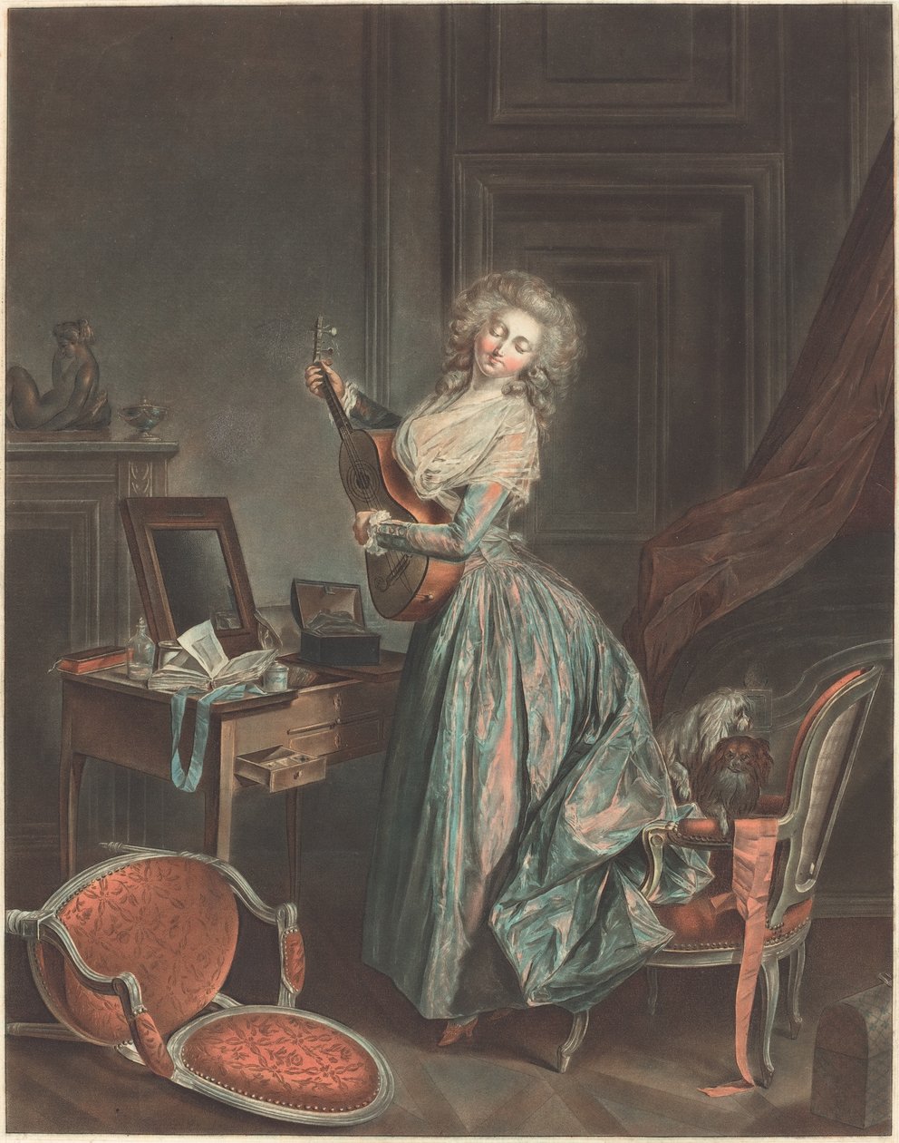 Žena hrající na kytaru, 1788-9, vyryl Jean-François Janinet (leptací a lavírovaný způsob tištěný barevnými inkousty) od Niclas II Lafrensen
