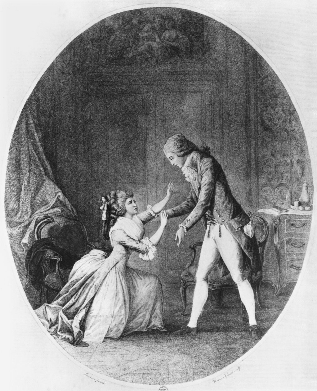 Valmont svádí Madame de Tourvel, ilustrace z „Les Liaisons Dangereuses“ od Pierra Choderlose de Laclos (1741-1803) rytina Romaina Girarda (b.c.1751) 1782 (rytina) (č/b foto) od Niclas II (after) Lafrensen