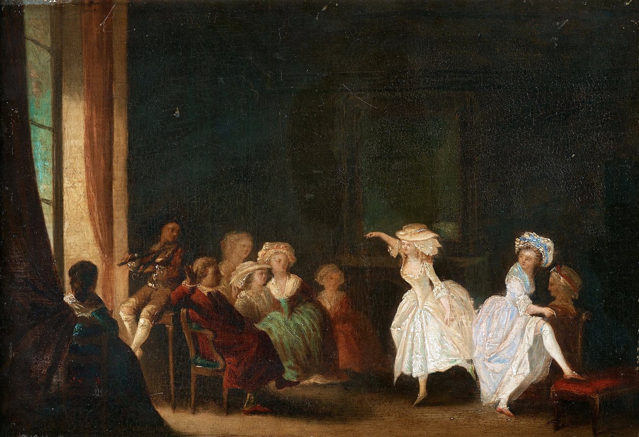 Taneční škola Niklase Lafrensena, známého jako Nicolas Lavreince nebo Lavrince (1737-1807). Olej na dřevě, rozměr: 26,5x40, , Soukromá sbírka od Niclas II Lafrensen