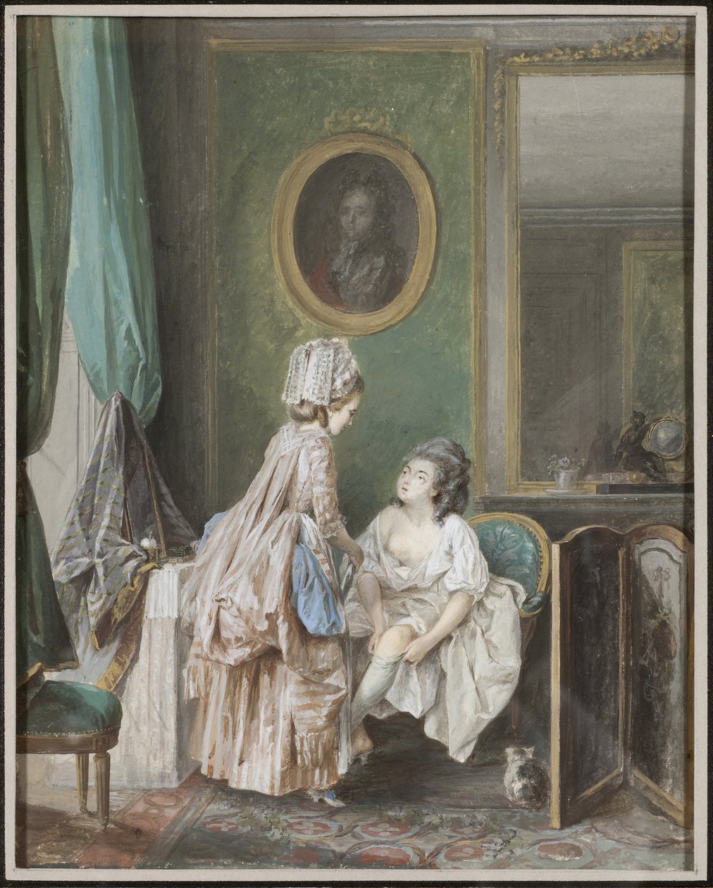 Žena si obléká punčochy - Žena si natahuje punčochy, Lafrensen, Niclas (Nicolas Lavreince) (1737-1807). Kvaš na papíře od Niclas II Lafrensen