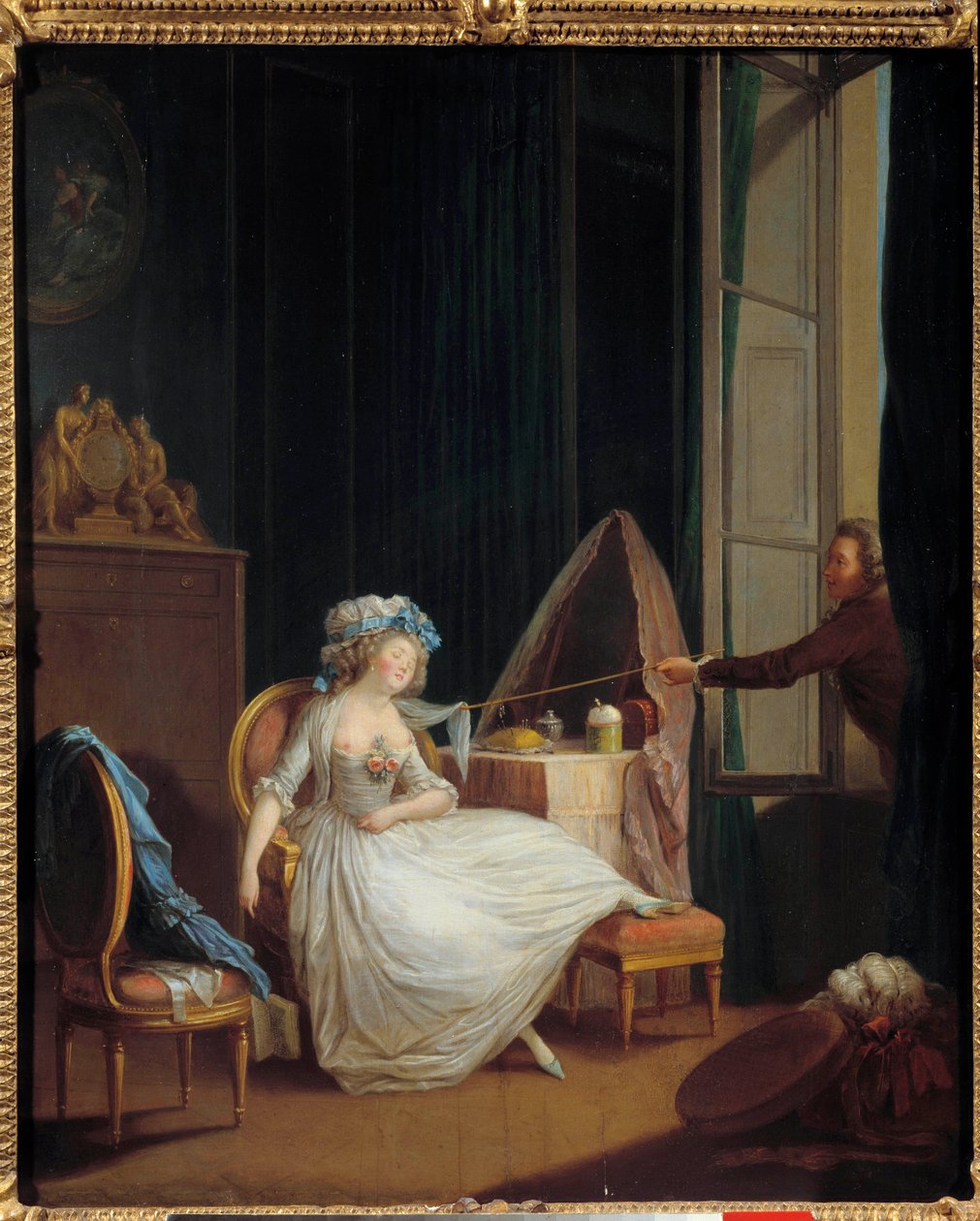 Frivolní láska Muž objevuje hruď mladé ženy, která spí na její hrudi. Obraz Niklase Lavreince (1737-1807). Paříž 18. století. Muzeum Cognacq Jay od Niclas II Lafrensen