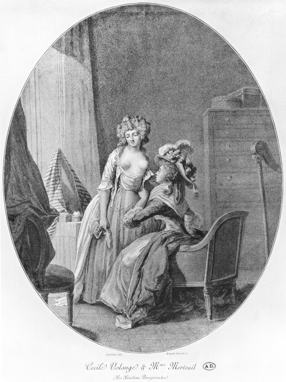 Madame de Merteuil svádí Cecile Volangeovou, ilustrace z „Les Liaisons Dangereuses“ od Pierra Choderlose de Laclos (1741-1803), rytina Romaina Girarda (b.c.1751) 1782 od Niclas II Lafrensen