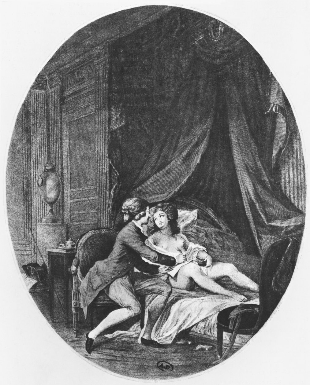 Valmont a Emilie, ilustrace z „Les Liaisons Dangereuses“ od Pierra Choderlose de Laclos (1741-1803), rytina Romaina Girarda (b.c.1751) 1782 od Niclas II Lafrensen