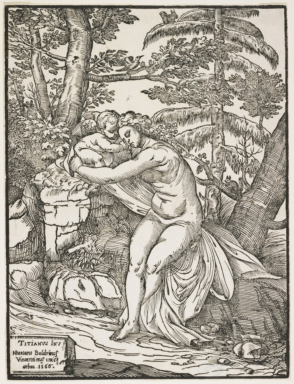 Venuše a Amor, 1566 (chiaroscuro dřevoryt, pouze klíčový blok) od Nicolò Boldrini