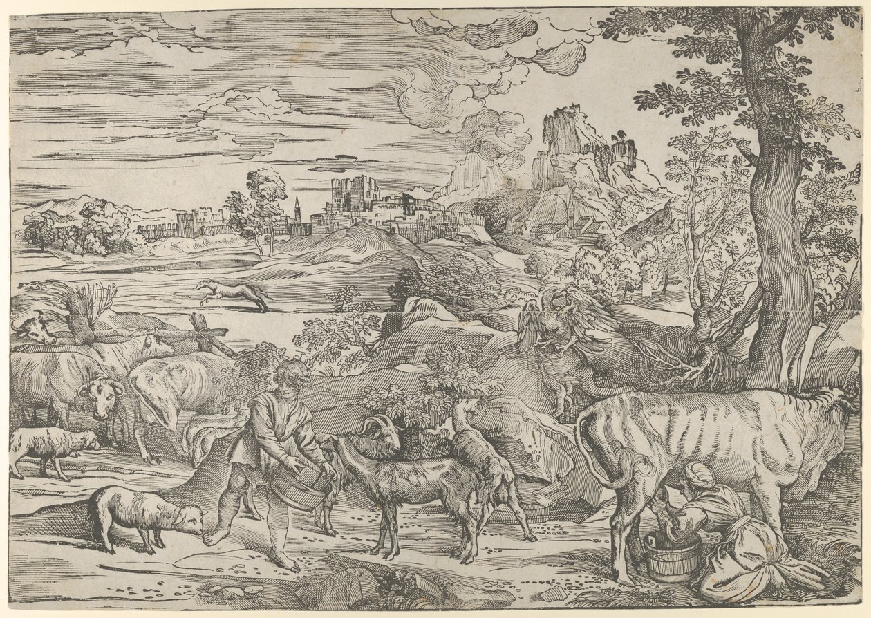 Krajina s dojičkou vpravo a chlapcem vlevo, ca. 1535-40., ca. 1535-40. od Nicolò Boldrini