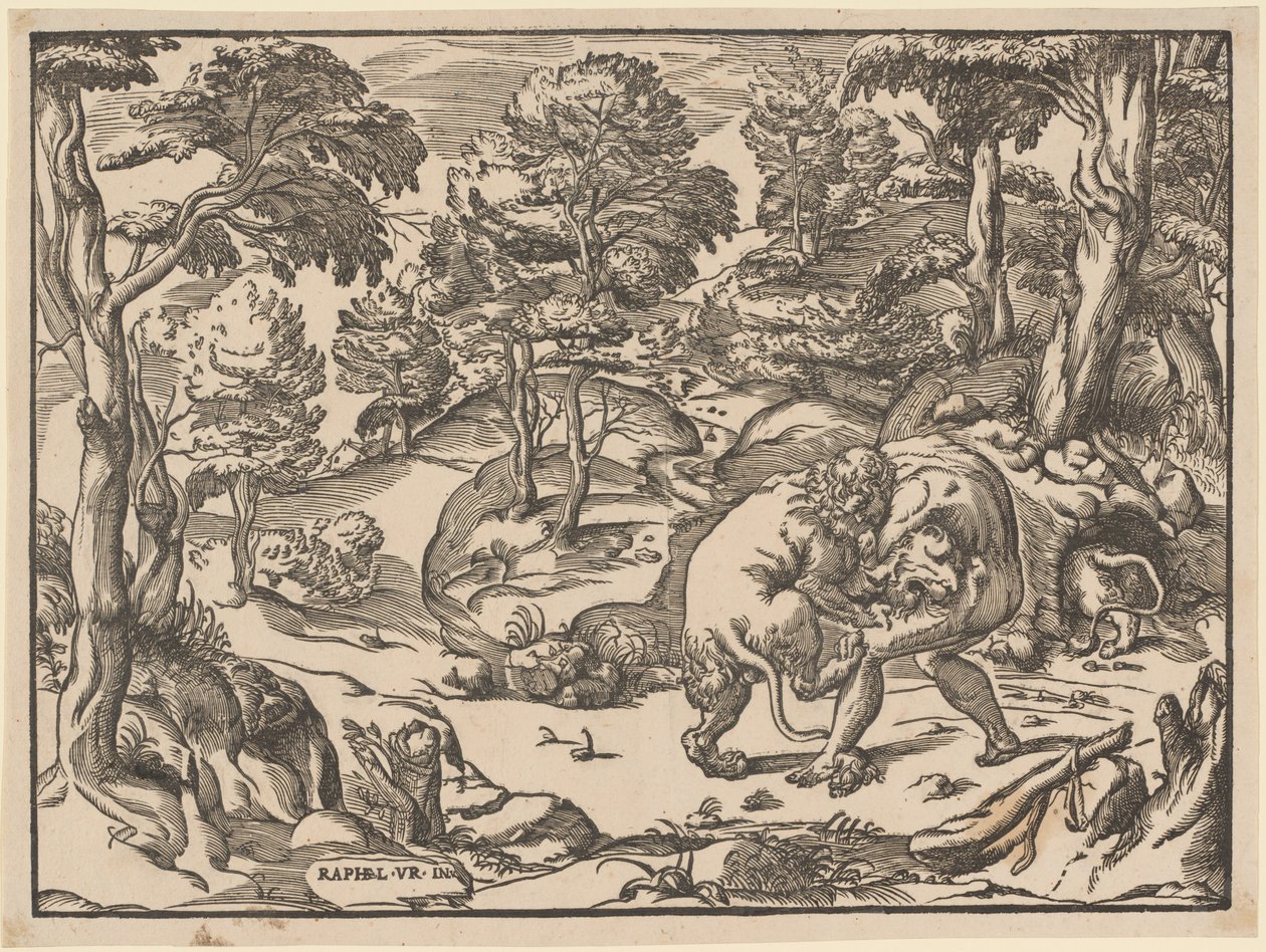 Herkules a Nemejský lev od Nicolò Boldrini, after Raphael