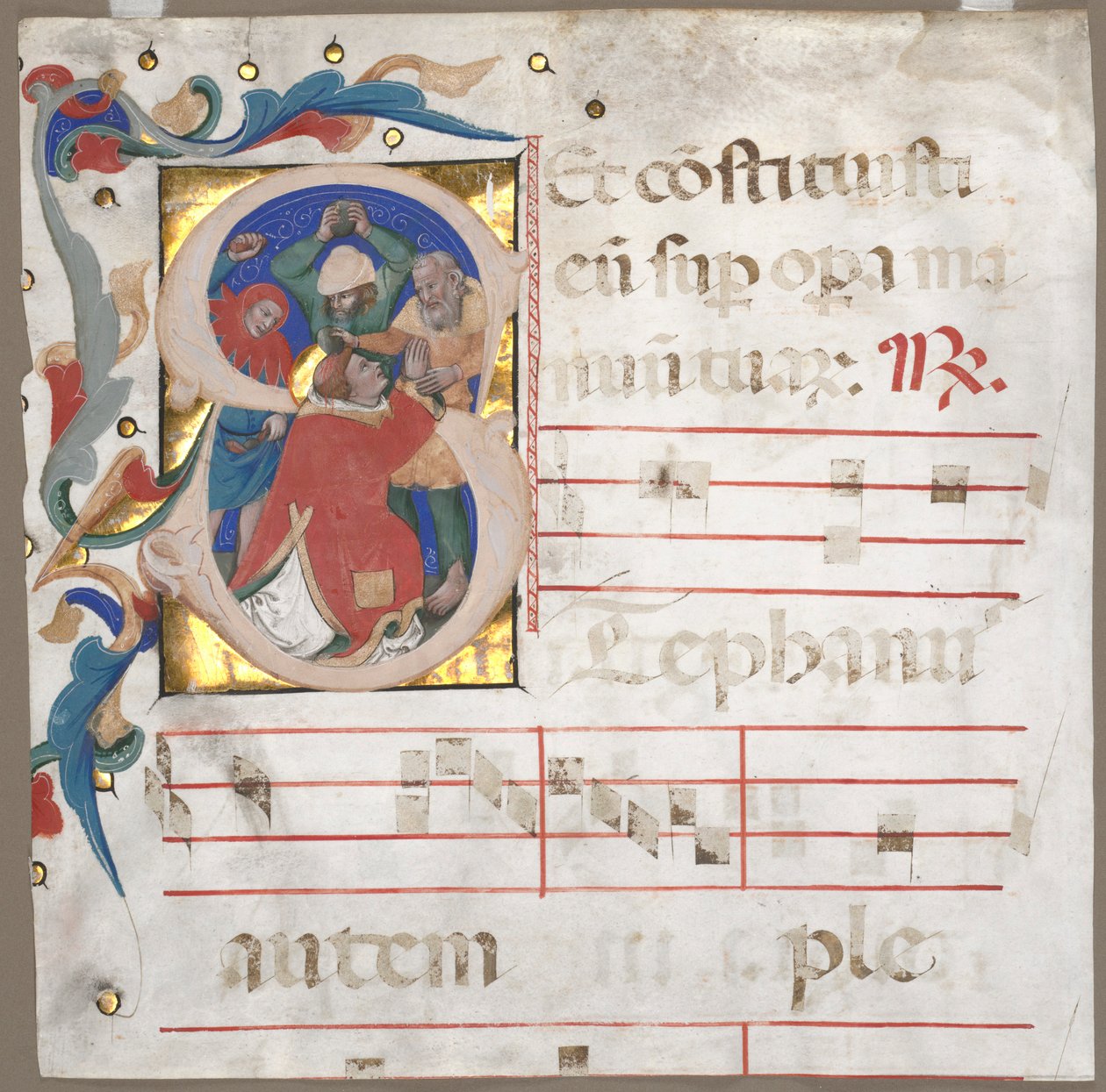 Fragment antifonáře s historickou iniciálou S: Ukamenování sv. Štěpána, kol. 1370-1372. od Nicolò da Bologna