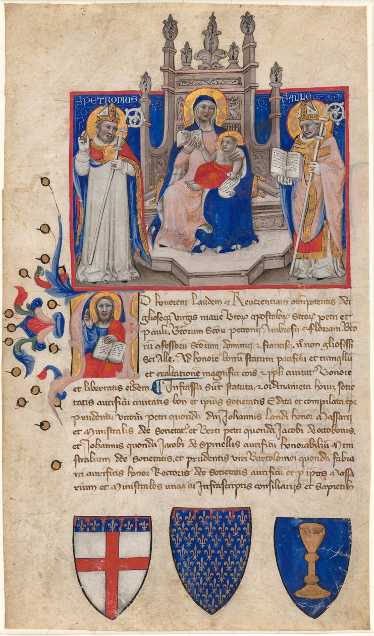Madona s dítětem trůnící mezi svatými Petroniem a Allem (Eligius); Kristus v iniciále A od Nicolò da Bologna