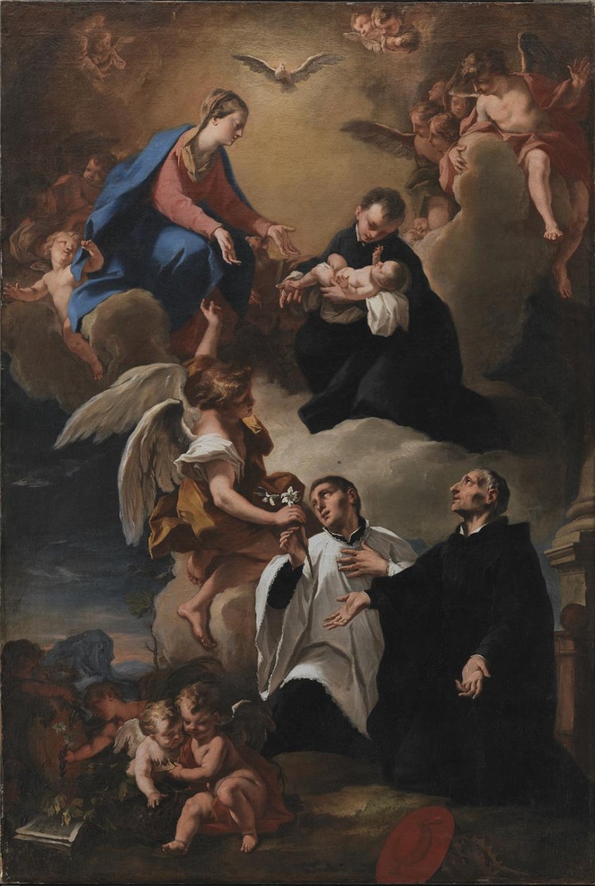 Duch svatý, andělé a panna se svatými Markem, Stanislau Kostkou (Držící dítě), Aloysius Gonzaga a Francesco Borgia od Nicola Grassi