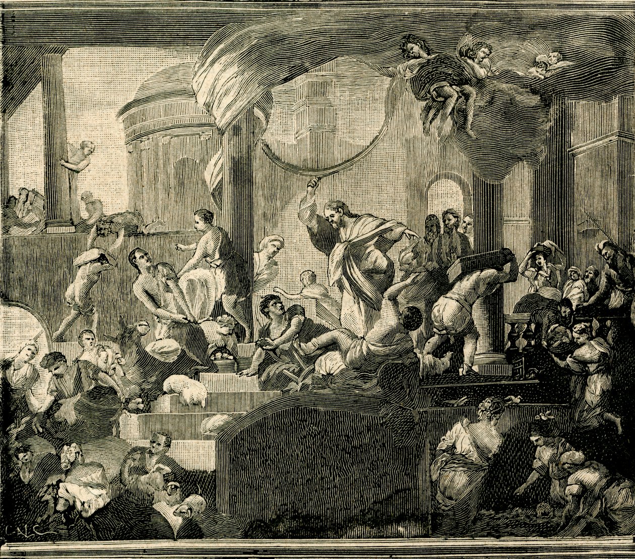 Ježíš vyháněl obchodníky z chrámu, olej na plátně Nicola Malinconico (1663-1721), bazilika Sant