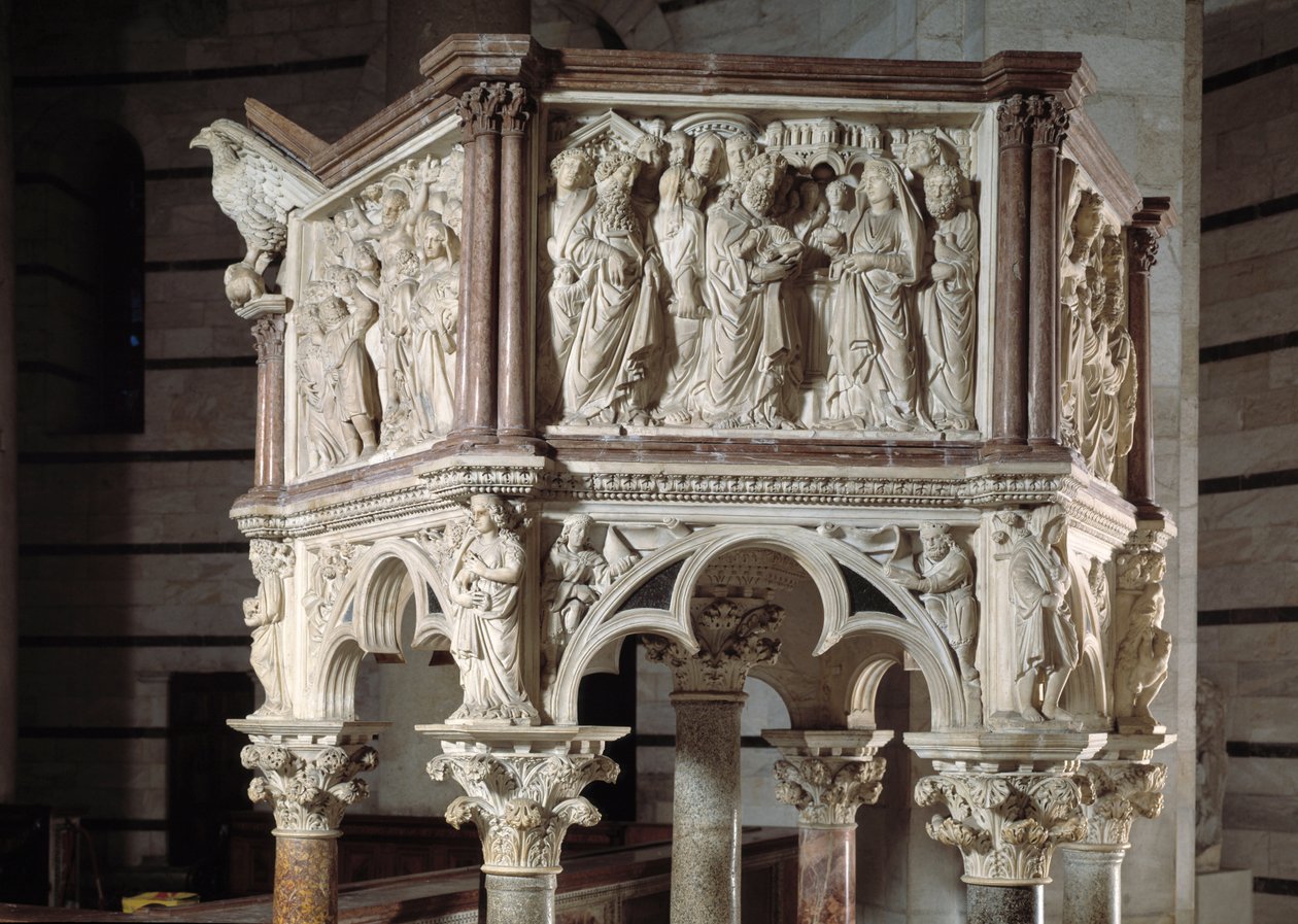 Židle realizovaná Nicola Pisano (1215 / 20-1278 / 84) (mramorová kazatelna) 1260 Baptistere Saint John of Pisa (Battistero San Giovanni di Pisa), Itálie od Nicola Pisano