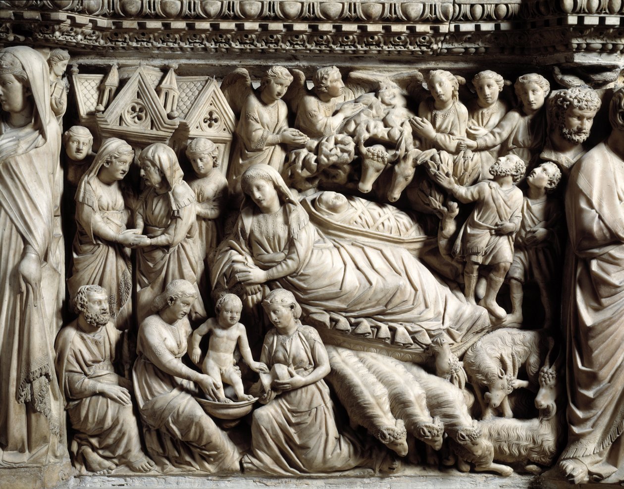 Gotické umění a architektura: Navštívení a narození - Detail basreliéfů mramorového stolu, který Nicola Pisano (1215/20-1278/84) vyrobil v letech 1266 až 1268 (detaily mramorové kazatelny, návštěvy a narození) Cathedrale Notre-Dame- de-l
